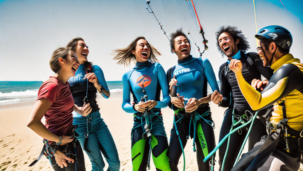 Group of kitesurfers relaxing together on the beach between sessions