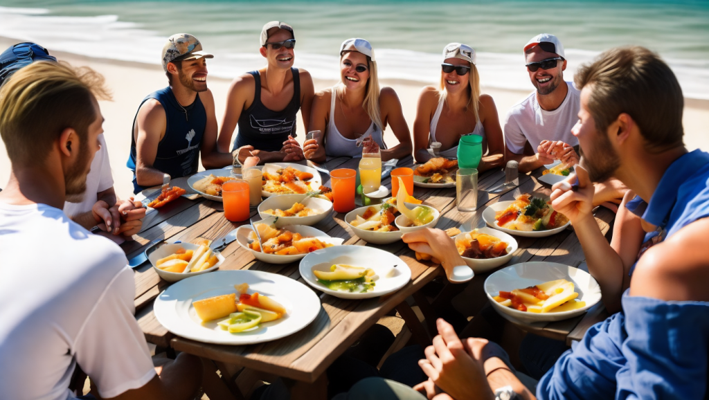 A group of kitesurfers sharing a meal together after a day on the water