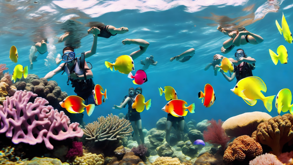 Snorkellers swimming over a colourful Red Sea coral reef with tropical fish