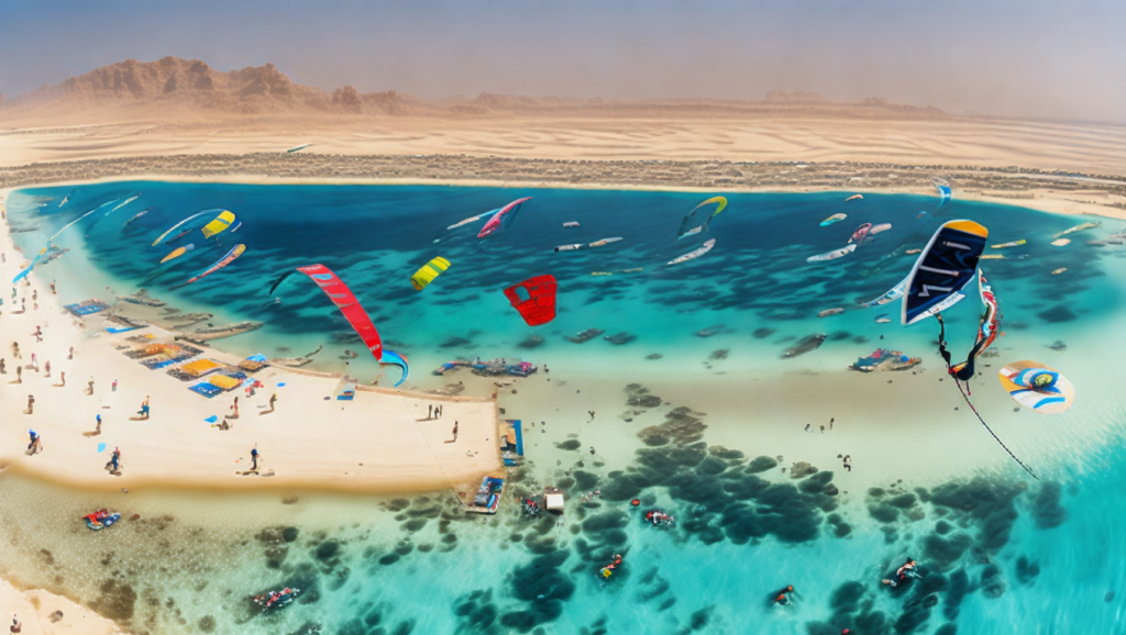 Kitesurfers riding in clear turquoise water at a kite centre in Hurghada