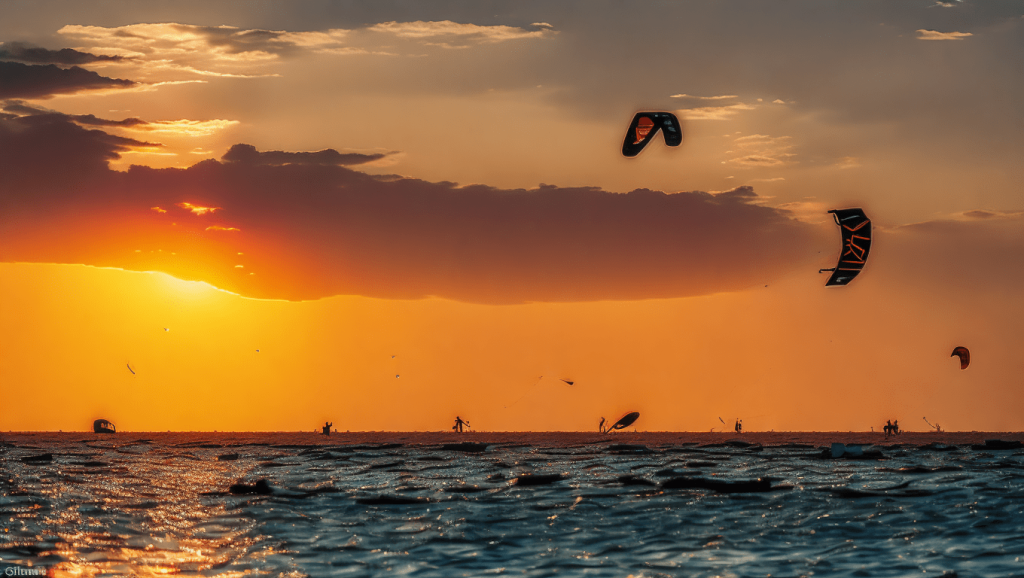 Sunset over the Red Sea after the final kitesurfing session of the day