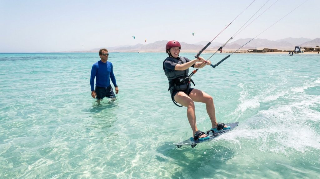 Smiling beginner kitesurfer riding her first metres on a twin-tip board while the instructor watches in the shallow lagoon