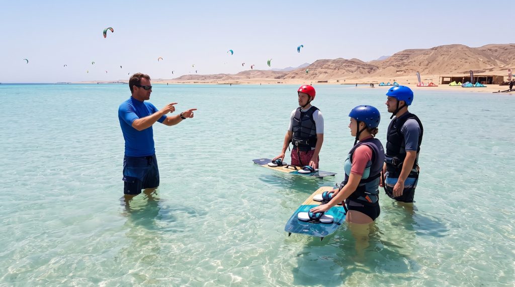 Instructor explaining the water start to a small group of kitesurfing students holding their boards in shallow water near Hurghada