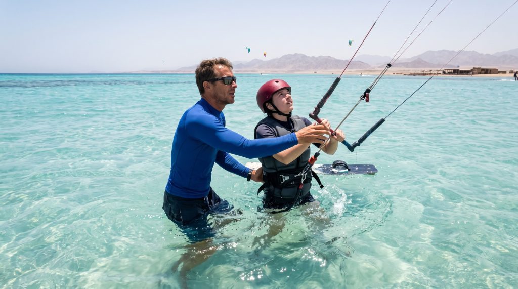 Kitesurfing instructor guiding a student in a helmet to steer the kite in waist-deep turquoise water near Hurghada